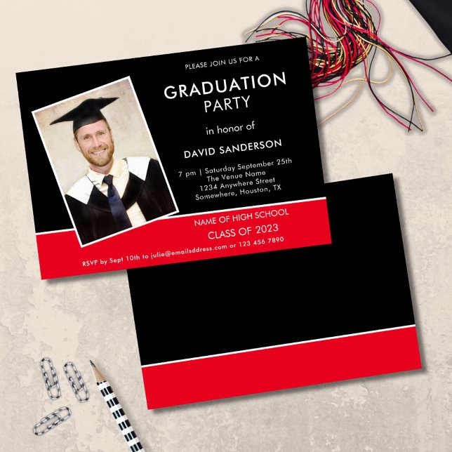 Simple Text Photo Gold Black Red 2025 Graduation Invitation (front and back view)
