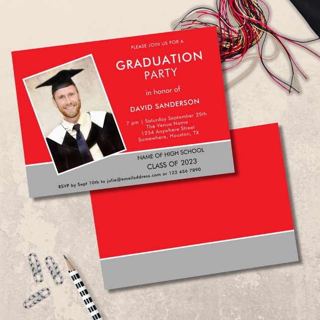 Simple Text Photo Red Silver 2025 Graduation  Invi Invitation (front and back view)