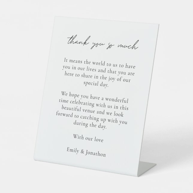 Simple Text Wedding Thank You Letter to Guests Pedestal Sign (Front)