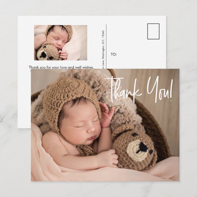 Simple Thank you Script Baby photos  Announcement Postcard (Front/Back)