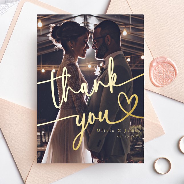 Simple Thank You Script Heart Wedding Photo Foil Holiday Card (Creator Uploaded)