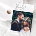Simple Thanks Script Modern Wedding Photo Thank You Card<br><div class="desc">Simple and modern wedding thank you template 2-sided card featuring a text that says thanks! in hand lettered script at the top. You can add a second picture on the back of the card along with an editable message. Perfect for minimalists who want their pictures to be the focal point...</div>