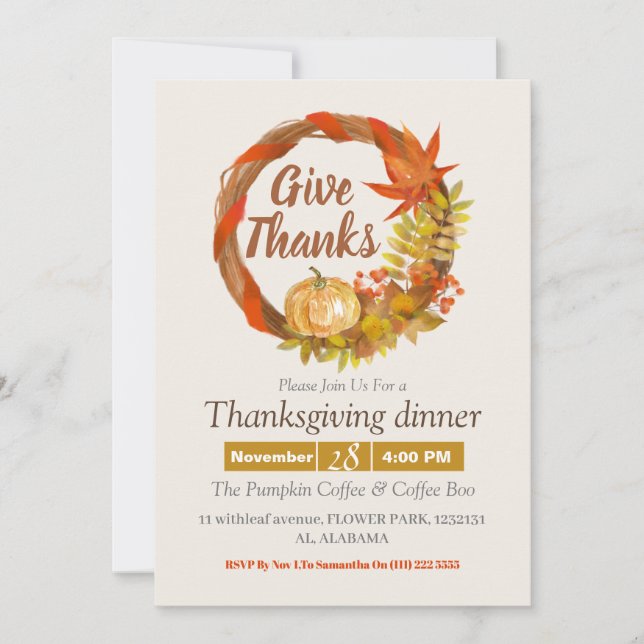 Simple Thanksgiving Dinner watercolor Pumpkin fall Invitation (Front)