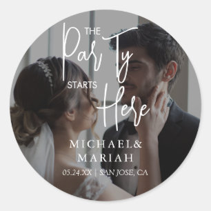 Simple The Party Starts Here Rehearsal Dinner  Classic Round Sticker