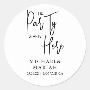 Simple The Party Starts Here Rehearsal Dinner Classic Round Sticker