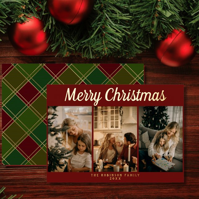 Simple Three Photo Collage Plaid Merry Christmas  Foil Holiday Card (Creator Uploaded)