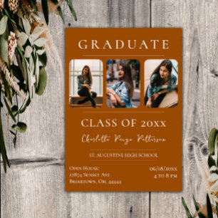 Simple Three Photo Graduation Burnt Orange Invitation