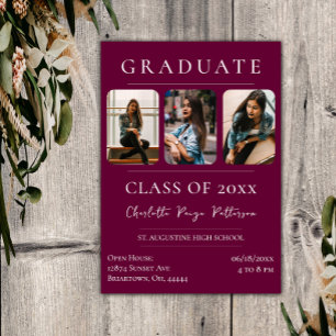 Simple Three Photo Graduation   Magenta Invitation