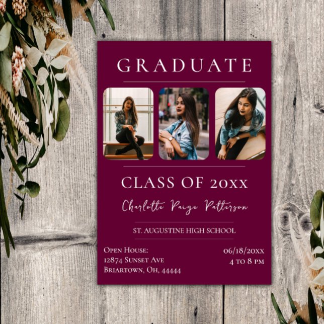 Simple Three Photo Graduation | Magenta Invitation (Magenta Simple Three Photo Graduation Invitation)