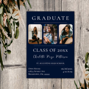 Simple Three Photo Graduation   Navy Blue Invitation