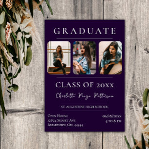 Simple Three Photo Graduation   Purple Invitation