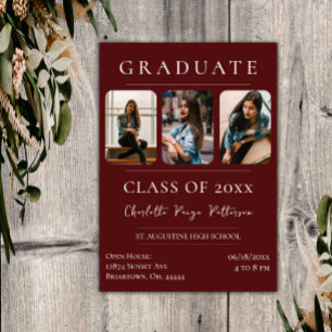 Simple Three Photo Graduation Red Invitation