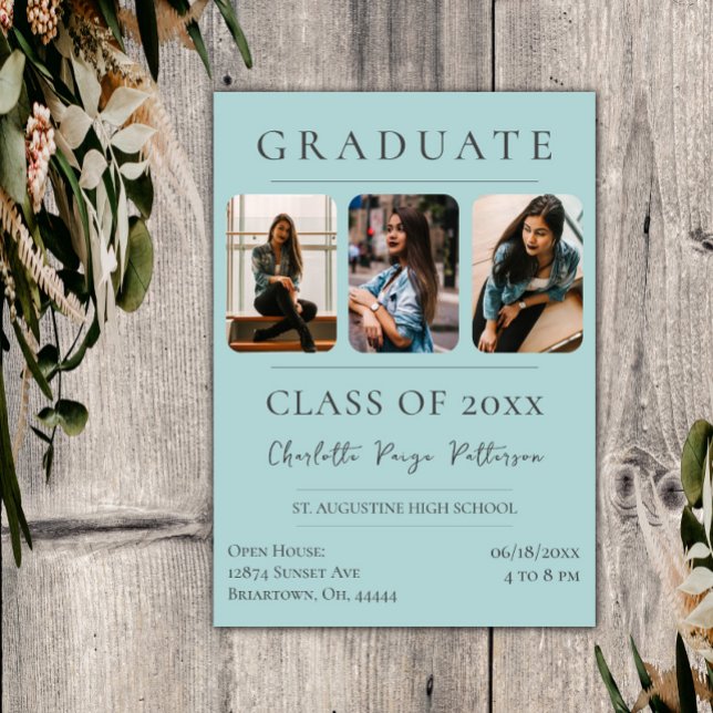 Simple Three Photo Graduation | Teal Invitation (Teal Simple Three Photo Graduation Invitation)