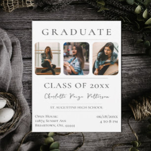 Simple Three Photo Graduation White Invitation