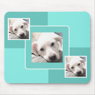 Simple Three Photo Modern Square Design Teal Blue Mouse Pad