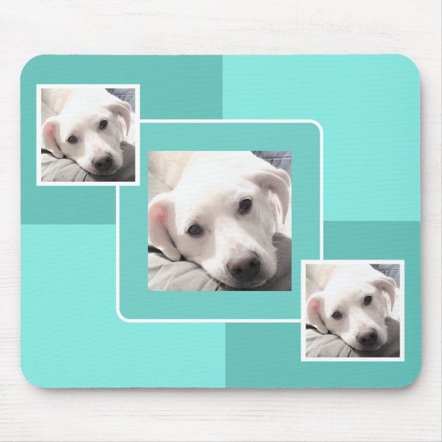 Simple Three Photo Modern Square Design Teal Blue Mouse Pad (Front)