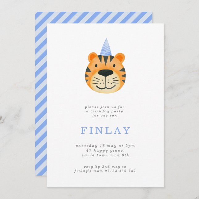 Simple Tiger and Party Hat Blue Birthday Party Invitation (Front/Back)