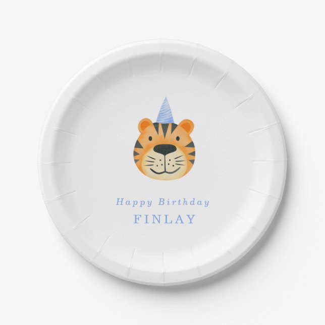 Simple Tiger Blue Party Hat Boy's Party Paper Plate (Front)