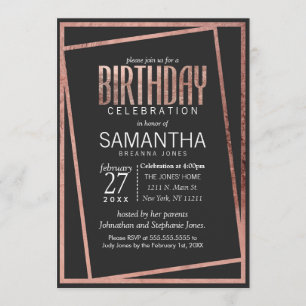 Simple Tilted Rose Gold Border Black Chic Birthday Invitation