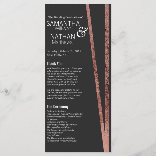Simple Tilted Rose Gold Border Black Chic Wedding Program (Front)