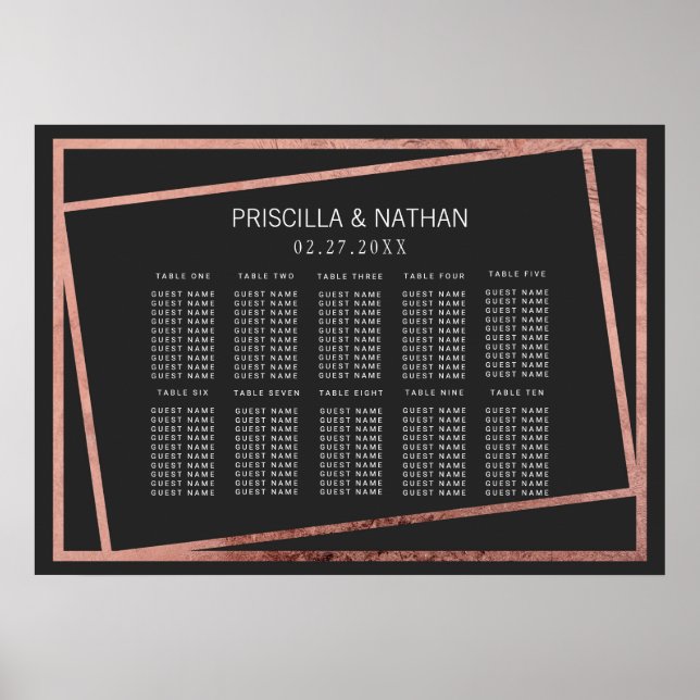 Simple Tilted Rose Gold Border Black Seating Chart (Front)