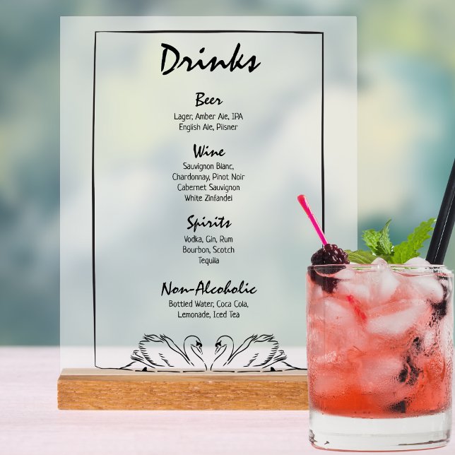 Simple Timeless Chic Swan Bar Drinks Menu Wedding Acrylic Sign (Creator Uploaded)