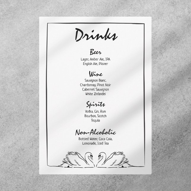 Simple Timeless Hand Drawn Swan Bar Drinks Wedding Menu (Creator Uploaded)