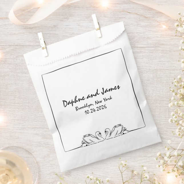 Simple Timeless Handwritten Swan Drawing Wedding Favour Bag (Clipped)