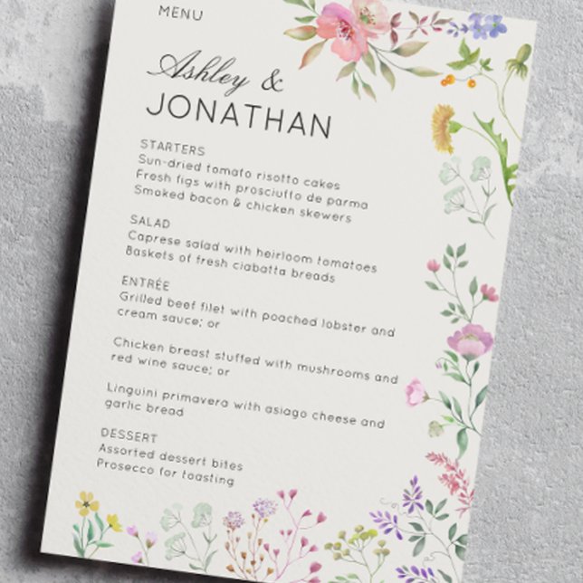 Simple, Timeless Wildflower Alabaster Wedding Menu (Creator Uploaded)