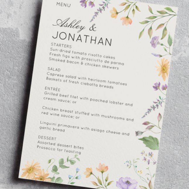 Simple, Timeless Wildflower Alabaster Wedding Menu (Creator Uploaded)