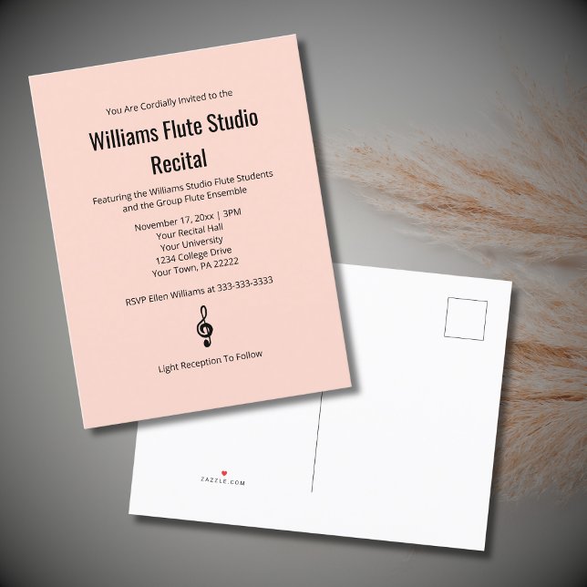 Simple Treble Clef Flute Pink Music Recital Invitation Postcard (Creator Uploaded)
