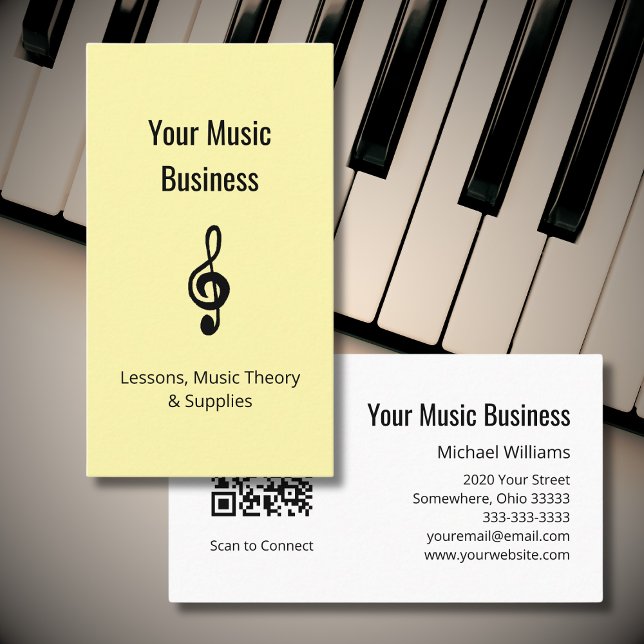 Simple Treble Clef Music Lessons QR code Yellow Business Card (Creator Uploaded)