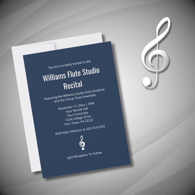 Simple Treble Clef Navy Blue Flute Music Recital Invitation (Creator Uploaded)