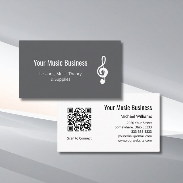 Simple Treble Clef QR code Grey Music Lessons  Business Card (Creator Uploaded)