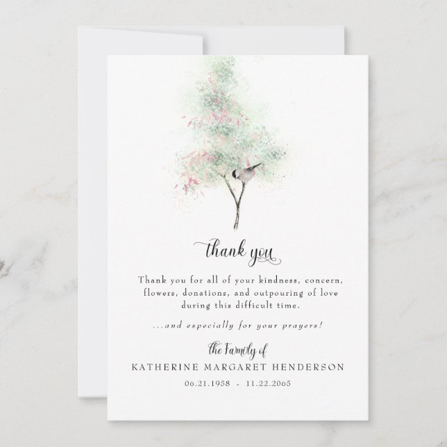 Simple Tree & Bird Bereavement Funeral Thank You Card (Front)