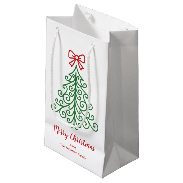 Simple Tree with Bow Modern Christmas Small Gift Bag (Front Angled)