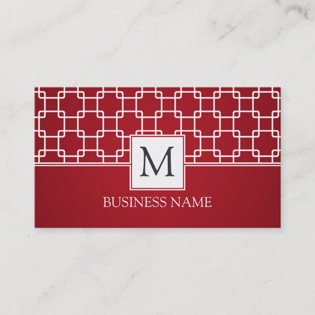 Simple Trellis Pattern Monogram Red Business Card (Front)