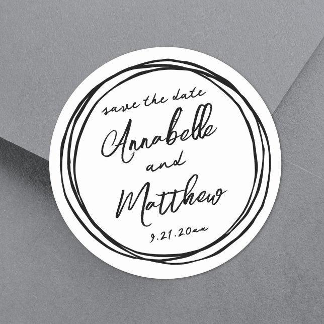 Simple Trendy Black White Names Save The Date Classic Round Sticker (Simple Trendy Black White Names Save The Date Classic Round Sticker)