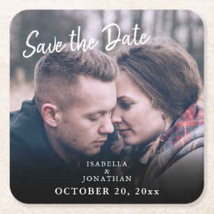 Simple Trendy Handwriting Photo Save The Date Square Paper Coaster