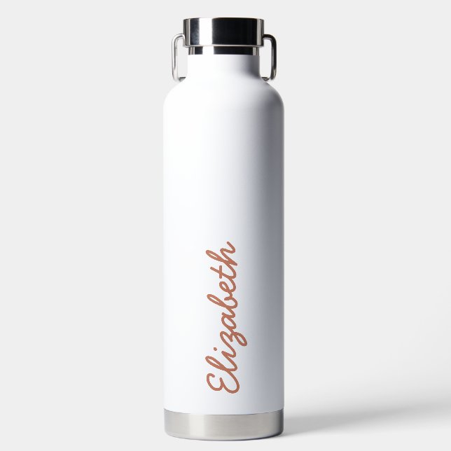 Simple Trendy Light Brown Handwritten Script Name  Water Bottle (Front)