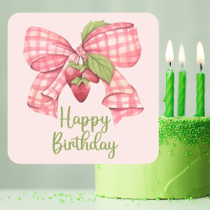 Simple Trendy Pink Bow & Strawberry Happy Birthday Square Sticker