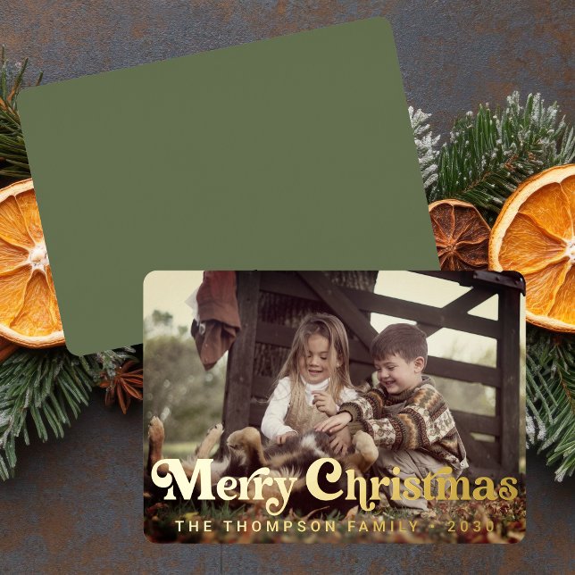 Simple Trendy Retro Typography Photo Christmas Foil Holiday Card (Creator Uploaded)