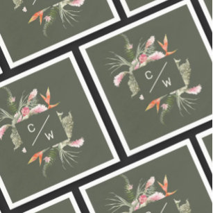 Simple Tropical floral Monogram Gree Wedding Paper Napkin