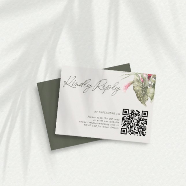 Simple Tropical Floral QR Code Dark Green RSVP Card (Creator Uploaded)