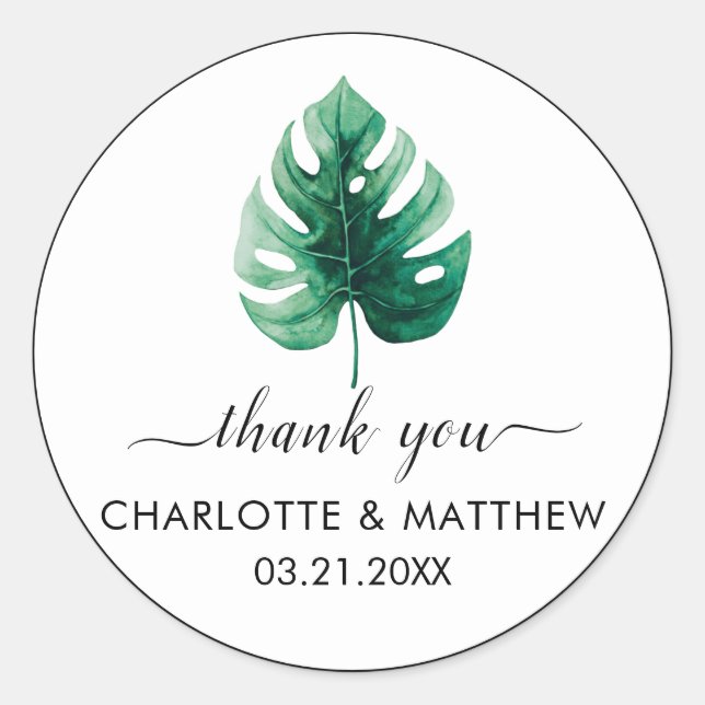 Simple Tropical Green Leaf Wedding Thank You Classic Round Sticker (Front)