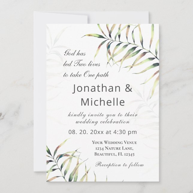 Simple Tropical Palm Branch Christian Wedding Invitation (Front)