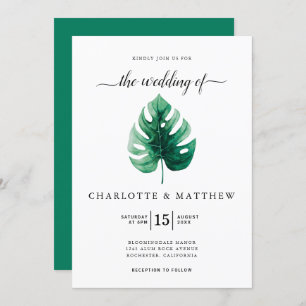 Simple Tropical Watercolor Green Leaf Wedding Invitation