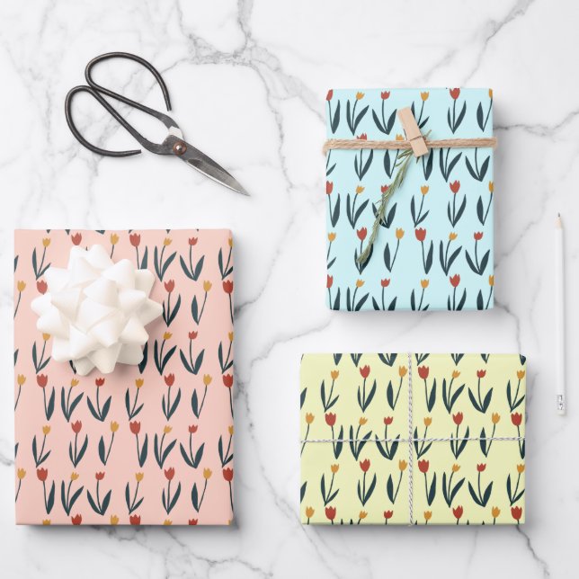 Simple Tulips Easter Spring Floral Pattern Gift Wrapping Paper Sheet (Front)