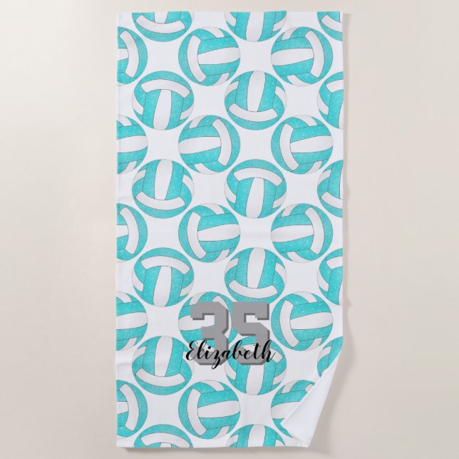 simple turquoise blue white volleyball cute girly beach towel (Front)