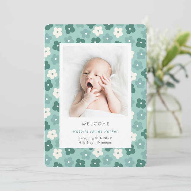 Simple Turquoise Floral Watercolor Birth Announcement (Standing Front)